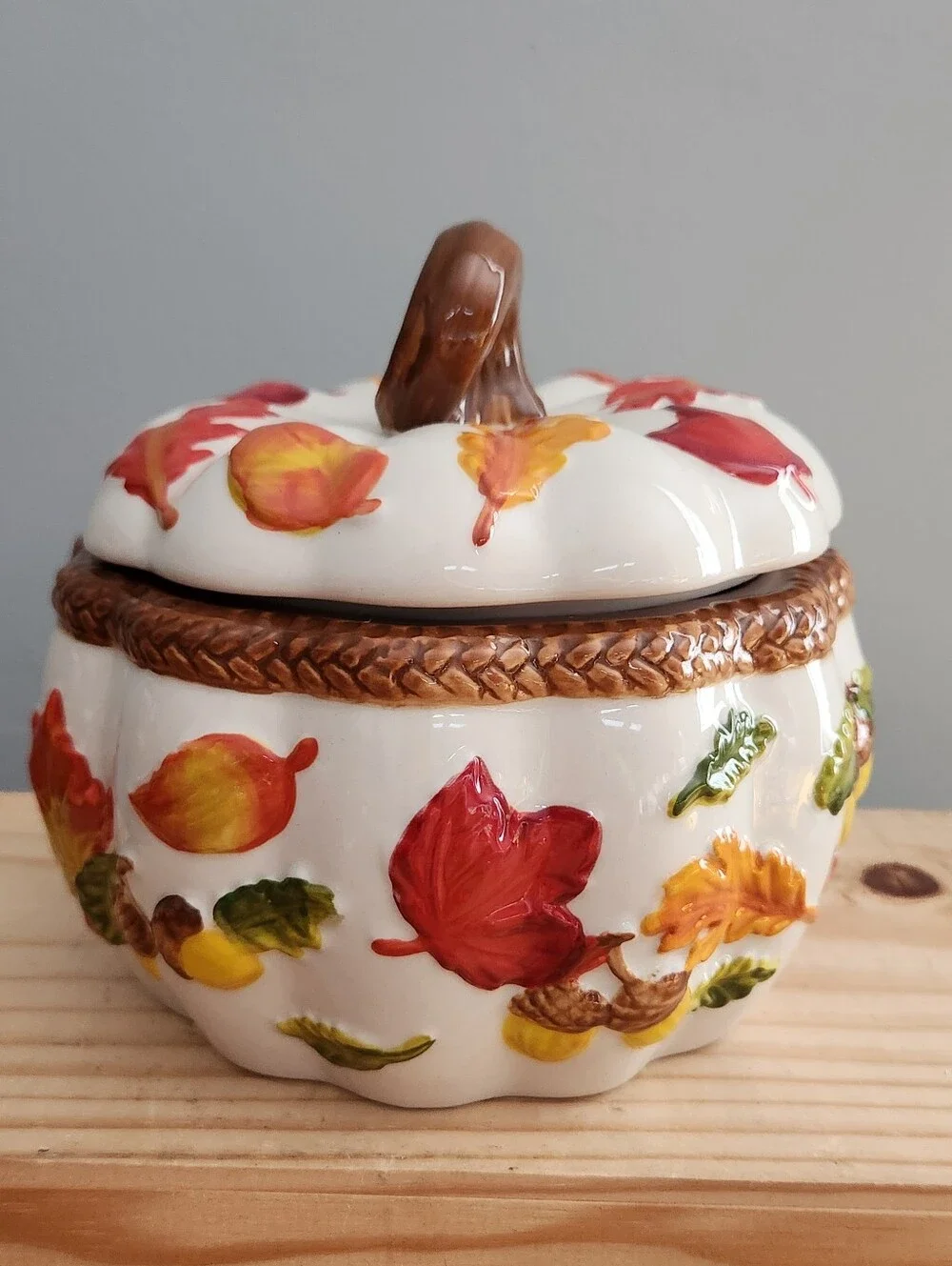 Autumn Fall Leaf Ceramic Pumpkin Shaped Covered Jar